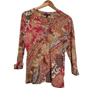 Lauren Ralph Lauren Womens Abstract Blouse Top M Multicolor Cotton Long Sleeves